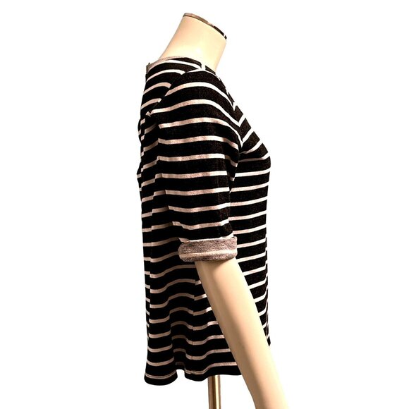 CCC Horizontal Black White Striped Blouse Zipper Back Rolled Sleeves Size Large - Picture 2 of 5